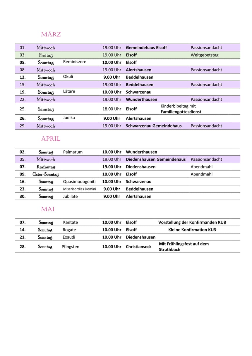 Gottesdienstplan März bis Mai 2023